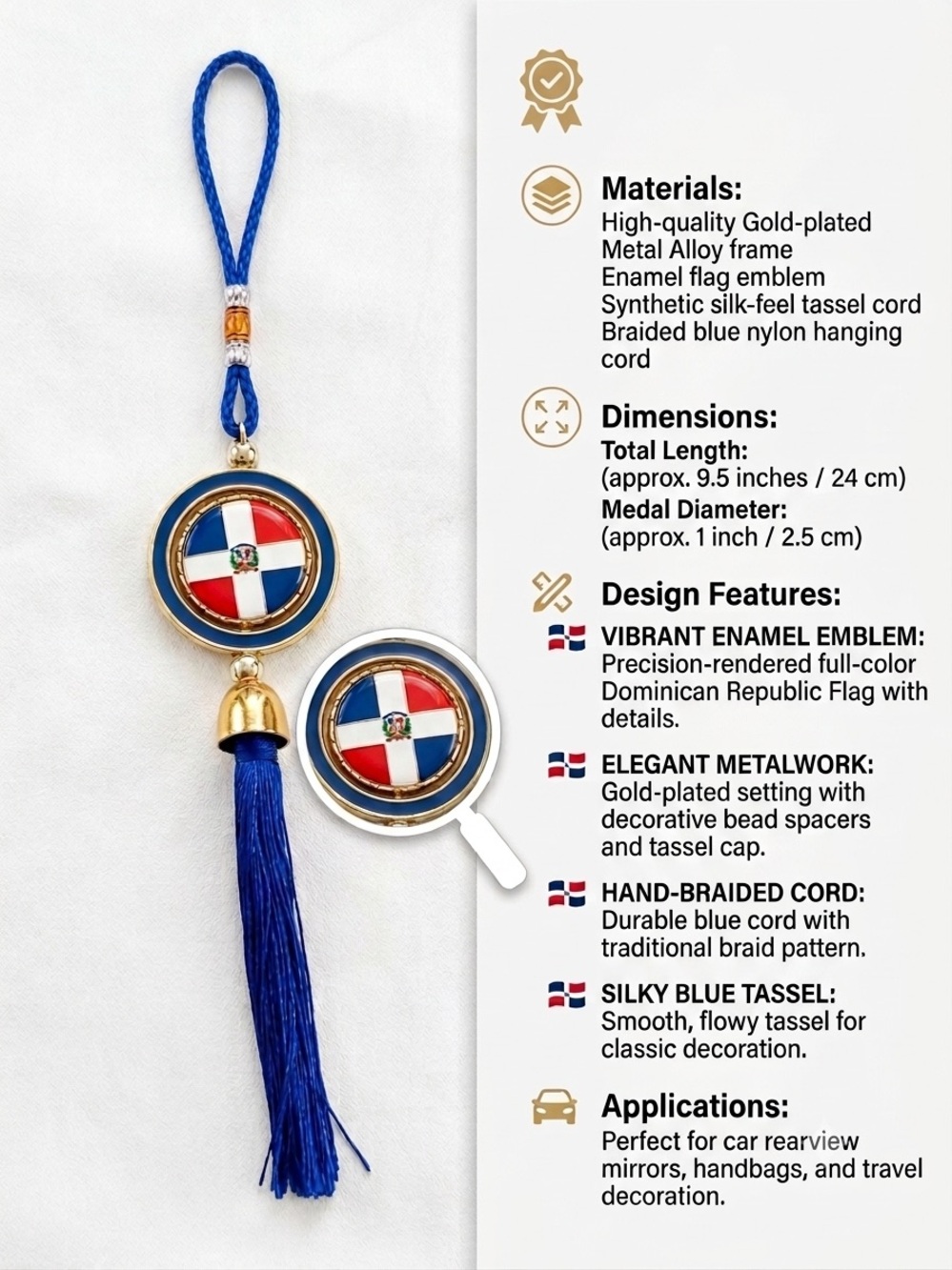 Dominican Republic Blue Car Mirror Hanging Decoration Souvenir with Gold-Plated